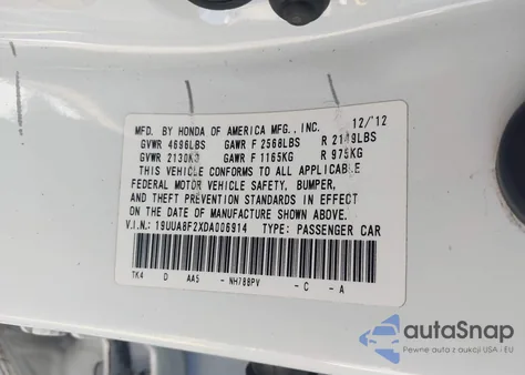 2013 Acura Tl 3.5 из США, поврежденный, VIN 19UUA8F2XDA006914